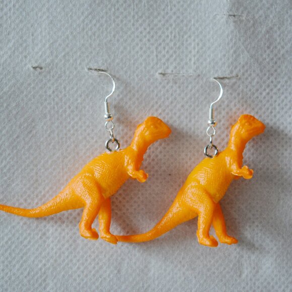 Orange Velociraptor Dinosaur Statement Earrings - Picture 1 of 4